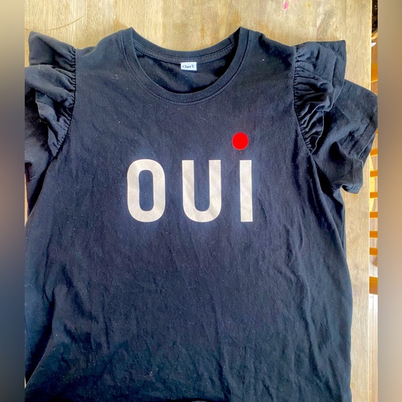 Clare V cotton black iconic OUI top with black ruffle sleeves. - Picture 4 of 6